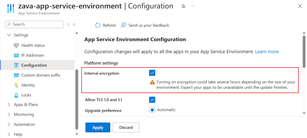 Screenshot che illustra come abilitare la crittografia interna per il ambiente del servizio app nel Azure portal.