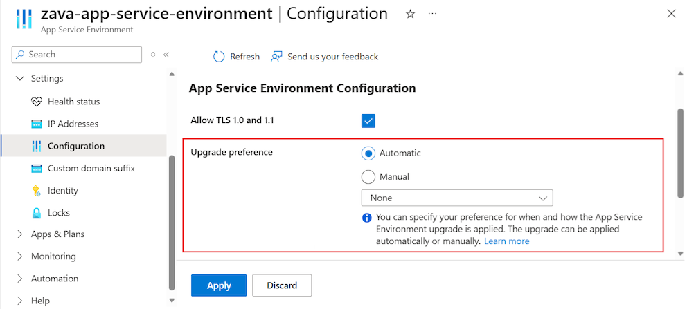 Screenshot che illustra come impostare la preferenza di aggiornamento per un ambiente del servizio app nel Azure portal.