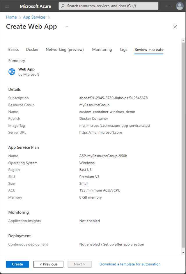 Screenshot che mostra come creare l'app Web per i contenitori.