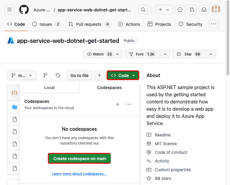 Screenshot che mostra come creare uno spazio di codice nel repository derivato app-service-web-dotnet-get-started su GitHub.