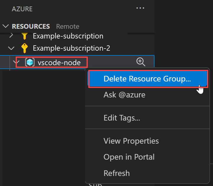 Screenshot dello spostamento in Visual Studio Code per eliminare una risorsa che contiene le risorse del servizio app.