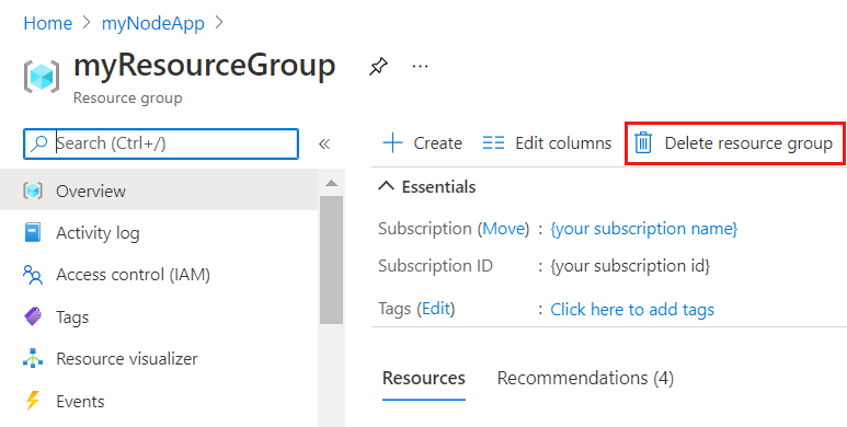 Screenshot di Cancella il gruppo di risorse.
