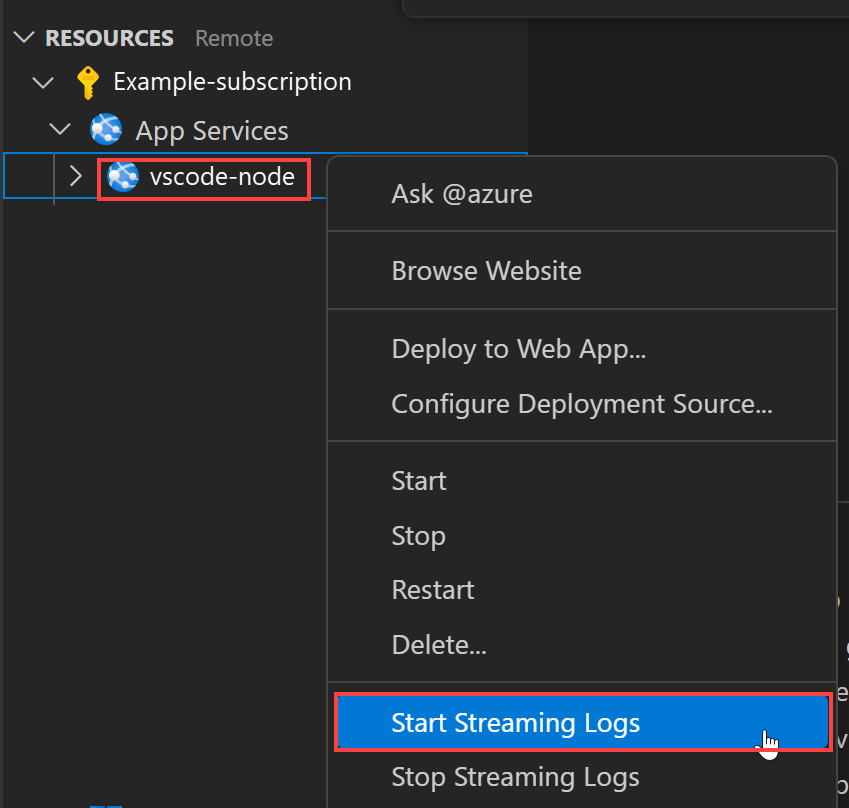 Screenshot dell'opzione Avviare i log di streaming.