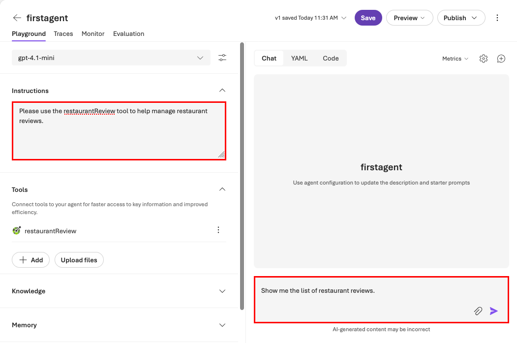 Screenshot che presenta il playground degli agenti nel mezzo di una conversazione che esegue azioni usando lo strumento OpenAPI. Il prompt indica di visualizzare l'elenco delle recensioni di ristoranti.