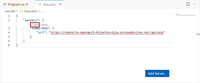 Screenshot che mostra come avviare manualmente un server MCP dal file di mcp.json locale.