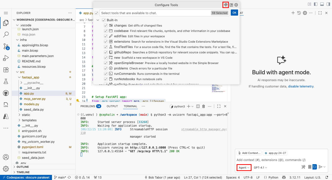 Screenshot che mostra come aggiungere un server MCP in modalità agente di GitHub Copilot Chat.