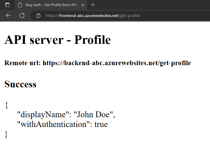 Screenshot del browser Web che mostra l'applicazione frontend dopo aver ottenuto con successo un profilo falso dall'app back-end.