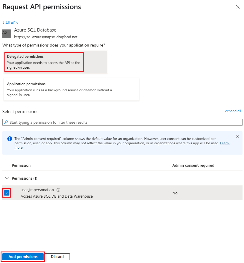 Screenshot della pagina Richiedi autorizzazioni API che mostra autorizzazioni delegate, user_impersonation e il pulsante Aggiungi autorizzazione selezionato.