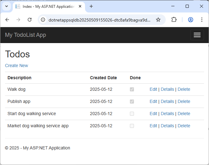 Screenshot che mostra l'app di Azure dopo Code First Migration.