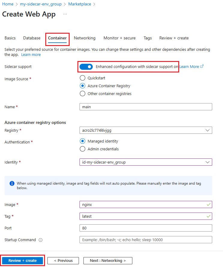 Screenshot che mostra le impostazioni del contenitore per l'app Web contenitore personalizzato Linux.