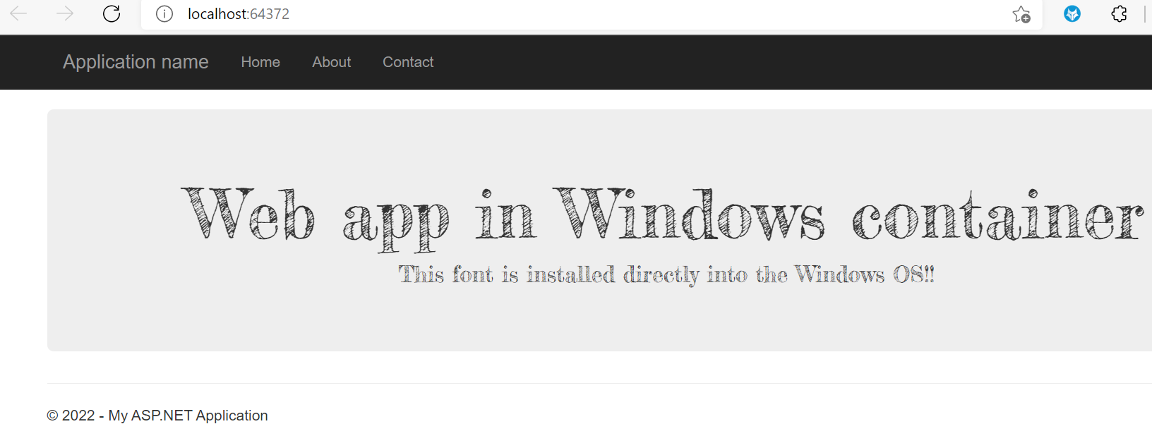 Screenshot che mostra l'app Web in esecuzione in un contenitore di Windows.