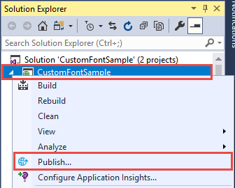 Screenshot del progetto CustomFontSample in Esplora soluzioni. La voce di menu Pubblica è evidenziata.