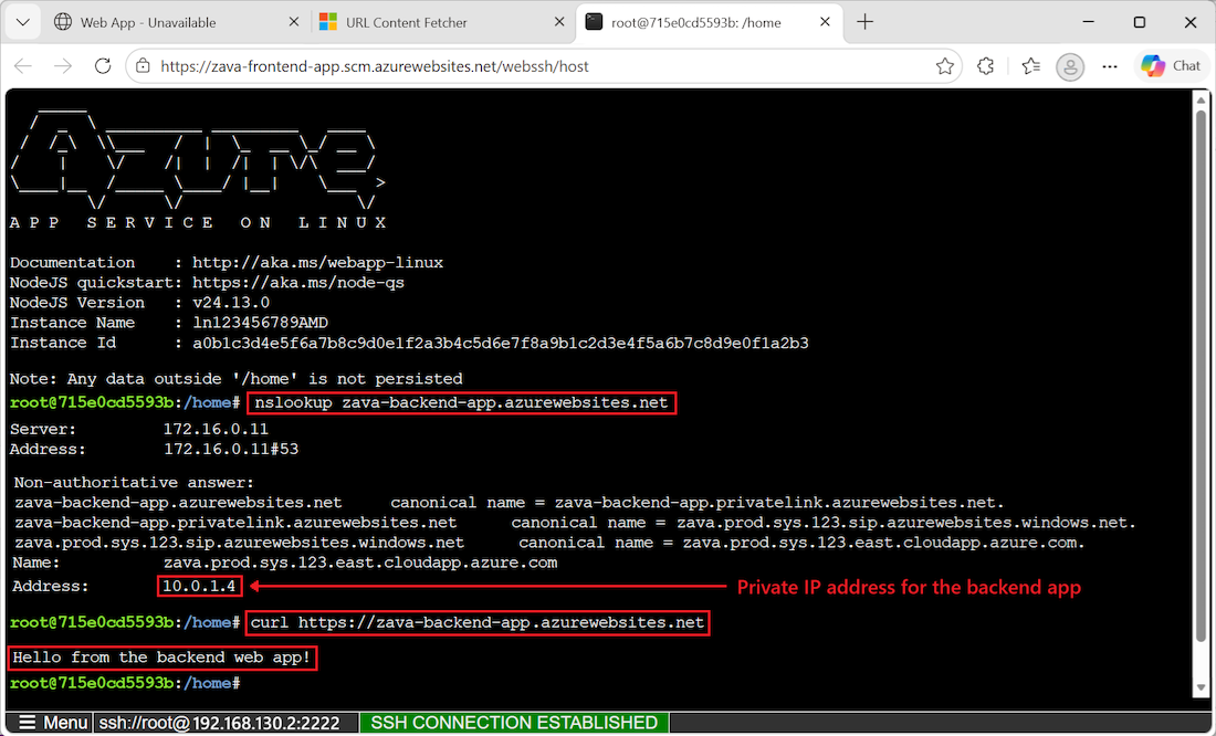 Schermata di una sessione SSH a un'istanza front-end che mostra come verificare le connessioni dell'app al back-end.