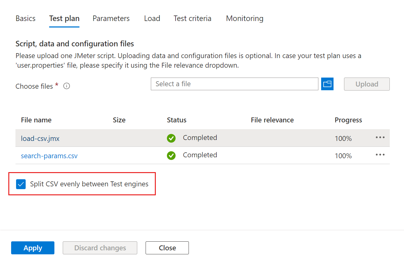 Screenshot che mostra la casella di controllo per abilitare la suddivisione dei file di input CSV durante la configurazione di un test nel portale di Azure.