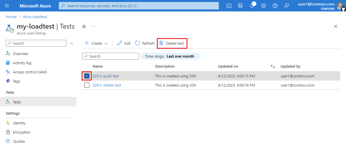 Screenshot che mostra come selezionare ed eliminare un test di carico nel portale di Azure.