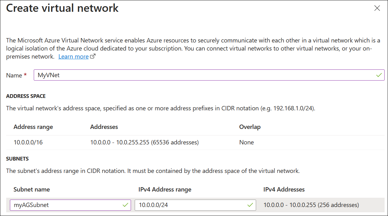 Crea una nuova rete virtuale per l'application gateway.