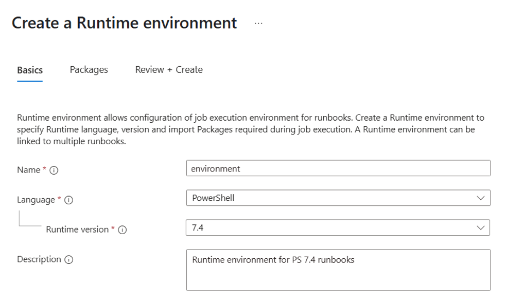 Screenshot che mostra le voci nella scheda Informazioni di base dell'ambiente di runtime di creazione.
