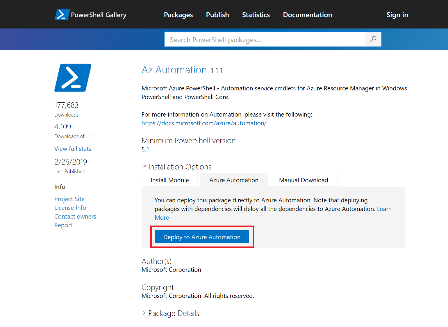 Screenshot del modulo di importazione PowerShell Gallery