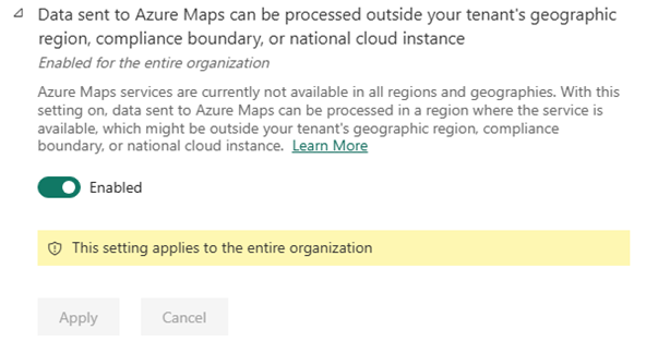 Screenshot che mostra che i dati inviati a Mappe di Azure possono essere elaborati all'esterno dell'area geografica, del limite di conformità o dell'istanza cloud nazionale del tenant.
