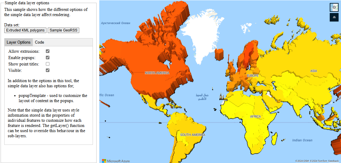 Screenshot della mappa con un pannello a sinistra che mostra le semplici opzioni del livello dati.