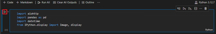 Screenshot che mostra come scaricare la prima cella del notebook contenente le istruzioni di importazione necessarie con il pulsante Esegui evidenziato.