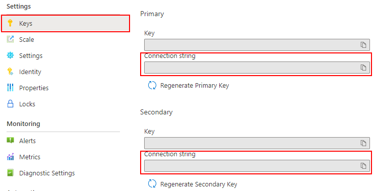 Screenshot della copia della stringa di connessione di Web PubSub.