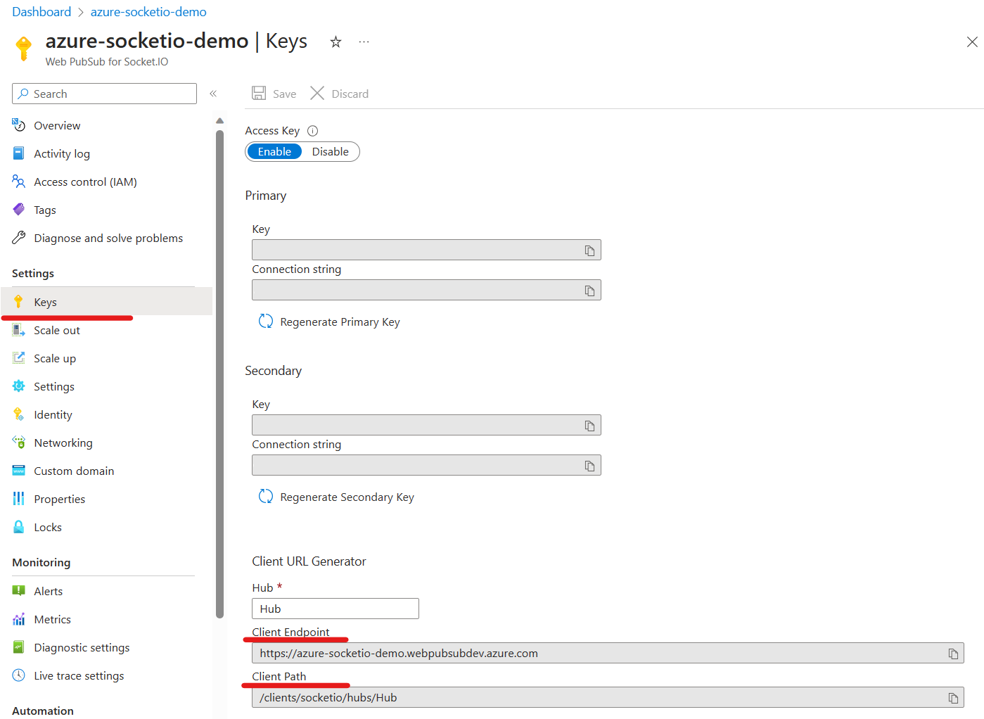 Schermata del servizio Web PubSub per Socket.IO nel pannello degli endpoint client del portale di Azure.