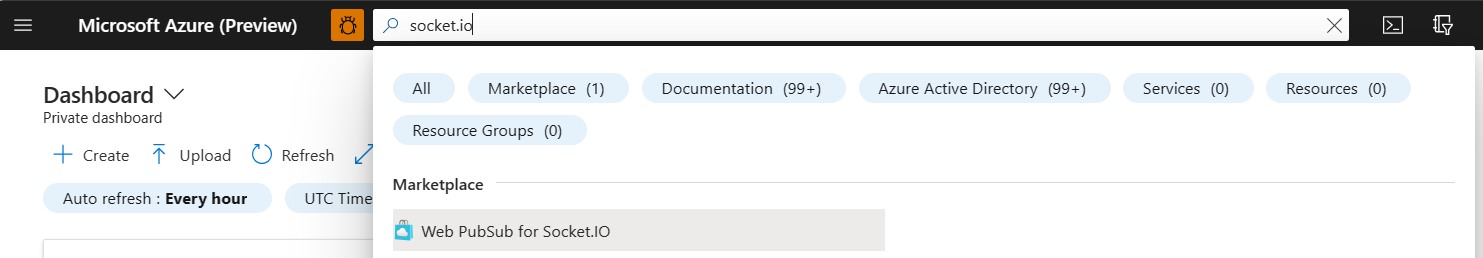 Screenshot della ricerca del servizio Web PubSub per Socket.IO nel portale di Azure.