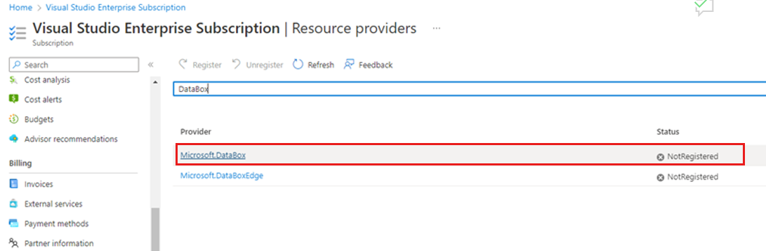 Screenshot che mostra come registrare il fornitore di risorse.