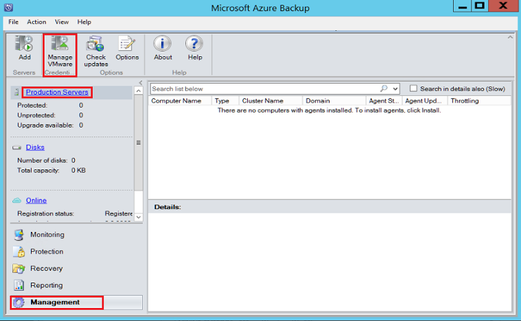 Screenshot mostra la console Backup di Azure Server.