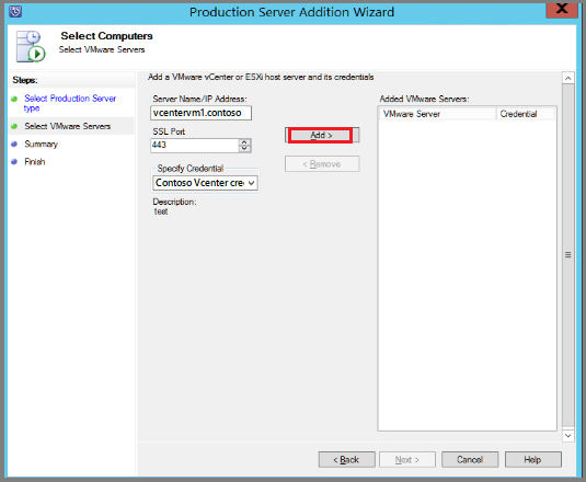 Screenshot che mostra come aggiungere il server VMware e le credenziali.