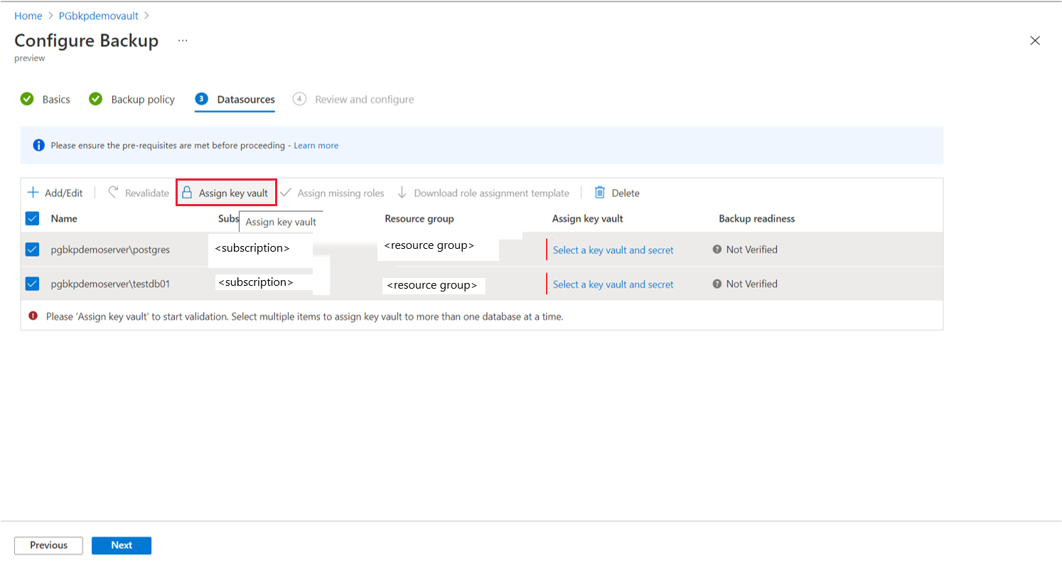 Screenshot che mostra le selezioni per l'assegnazione di un Key Vault.