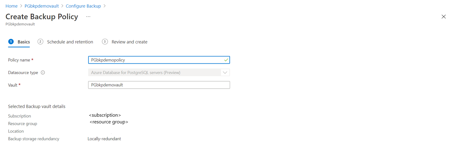 Schermata che mostra la casella per il nome di una politica nel pannello per la creazione di una politica di backup.