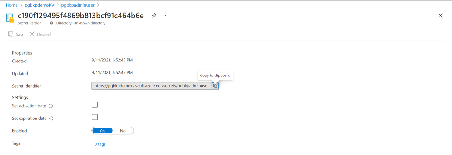 Screenshot che mostra come ottenere una URI segreta.