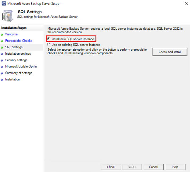 Screenshot che mostra il controllo SQL del server di Backup di Azure.