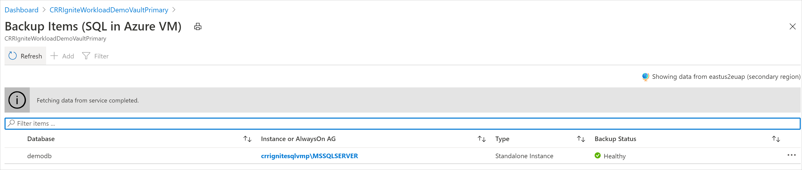 Database in un'area secondaria