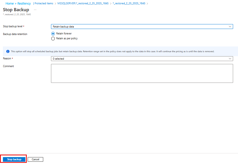 Screenshot che mostra le opzioni per conservare o eliminare i dati nel riquadro Arresta backup.