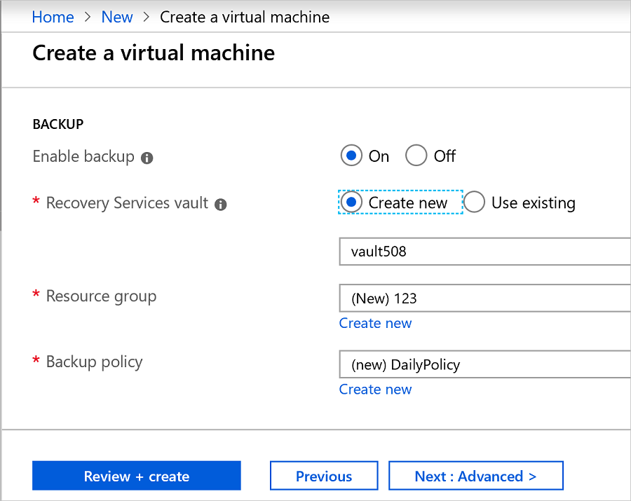 Screenshot che mostra come abilitare il backup per una macchina virtuale.