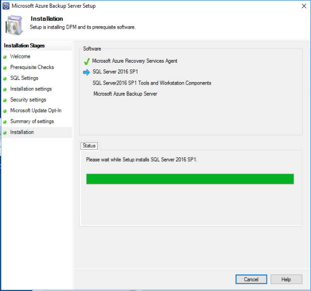 Il programma di installazione installa SQL e il server di Backup di Azure