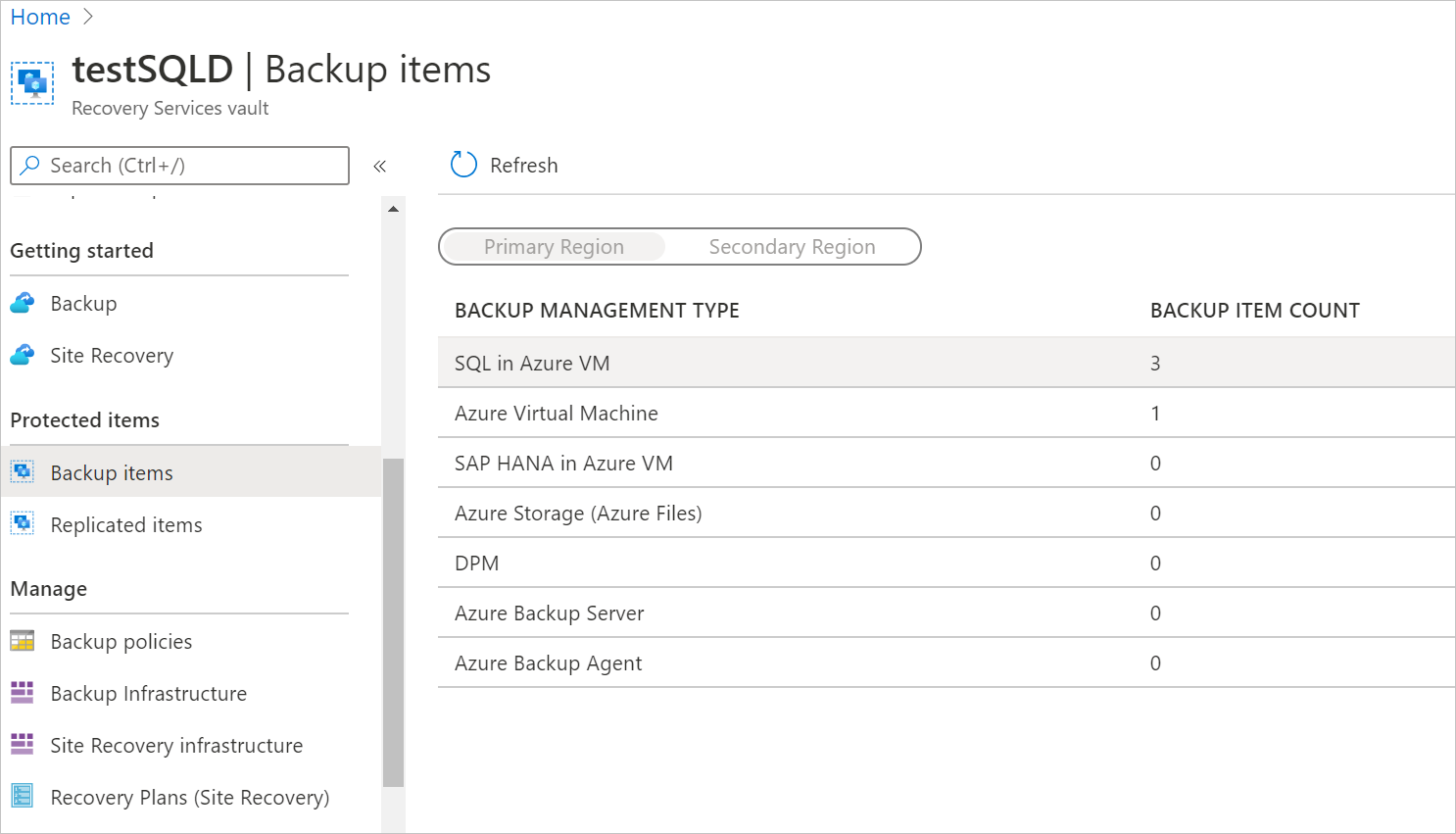 Screenshot che mostra come visualizzare i database di cui è stato eseguito il backup in Elementi di backup.