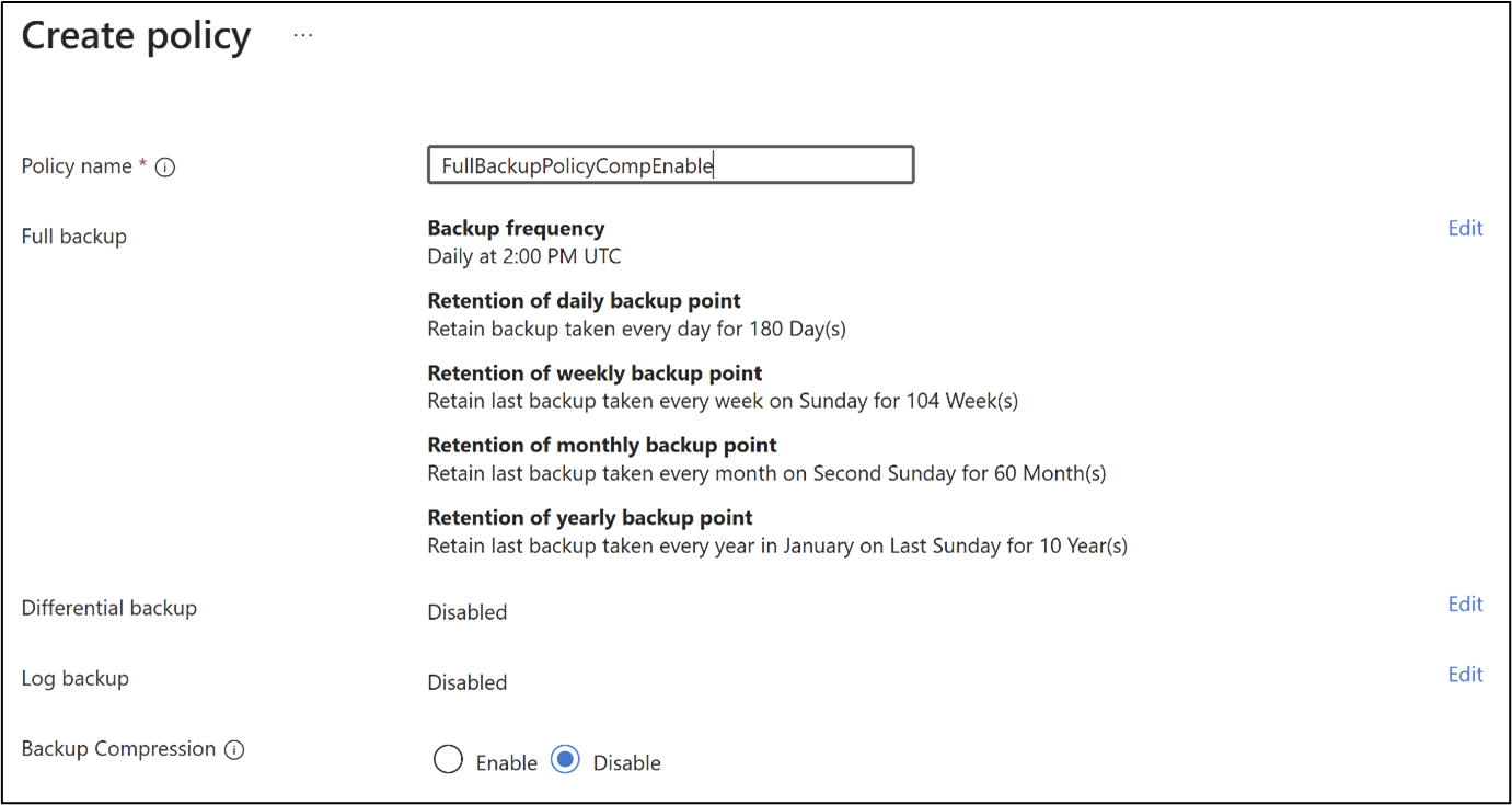 Screenshot che mostra come creare criteri di backup.