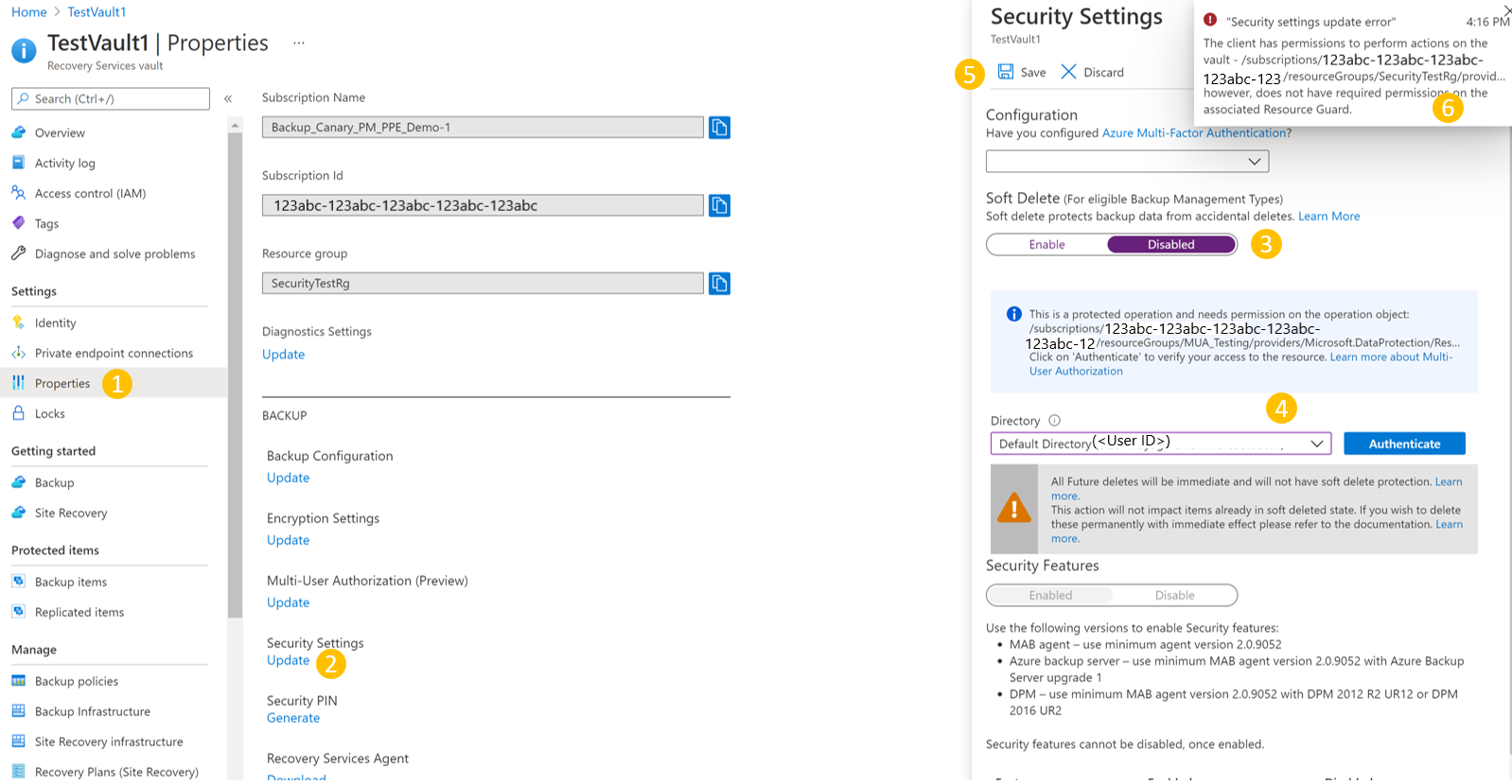Screenshot che mostra le impostazioni di protezione delle proprietà dell'insieme di credenziali di Backup di test.