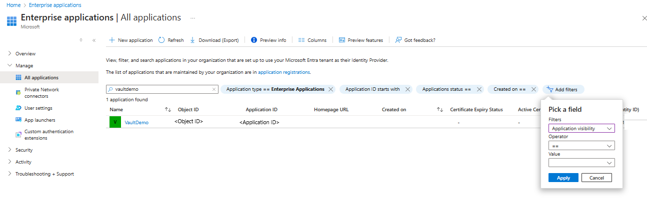 Screenshot che illustra come copiare l'ID applicazione dell'insieme di credenziali.
