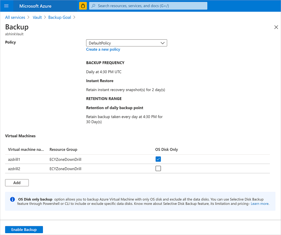 Screenshot che mostra la configurazione del backup solo per il disco del sistema operativo.