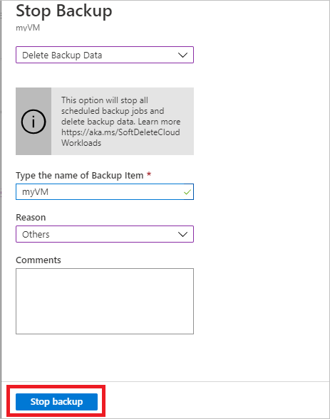 Screenshot che mostra le selezioni per l'arresto di un backup.