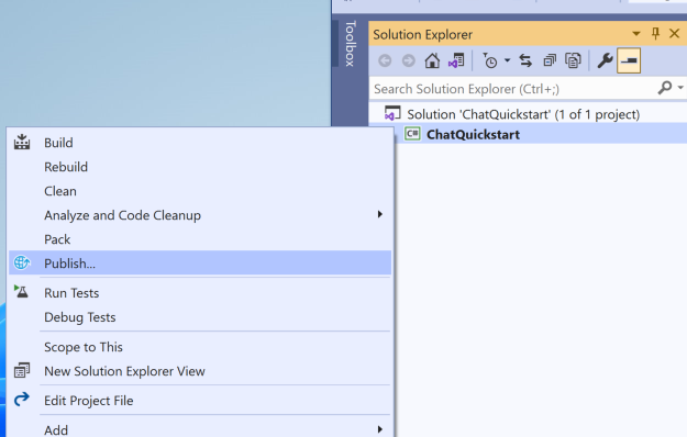 Screenshot che mostra la distribuzione dell'applicazione chat in Azure da Visual Studio.