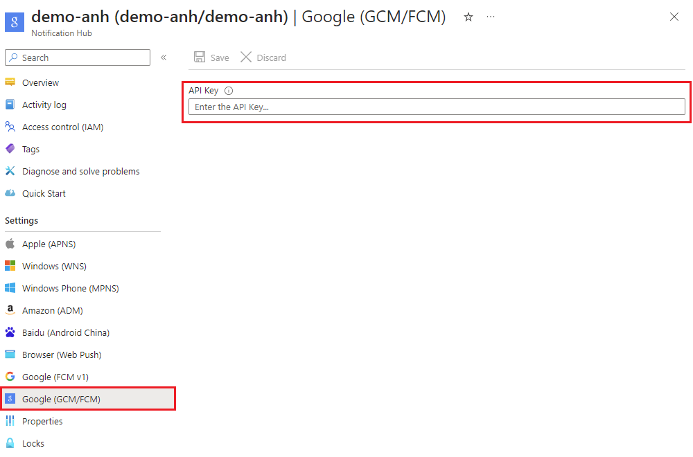 Screenshot di come rimuovere le credenziali legacy per GCM/FCM dalle impostazioni del portale di Azure.