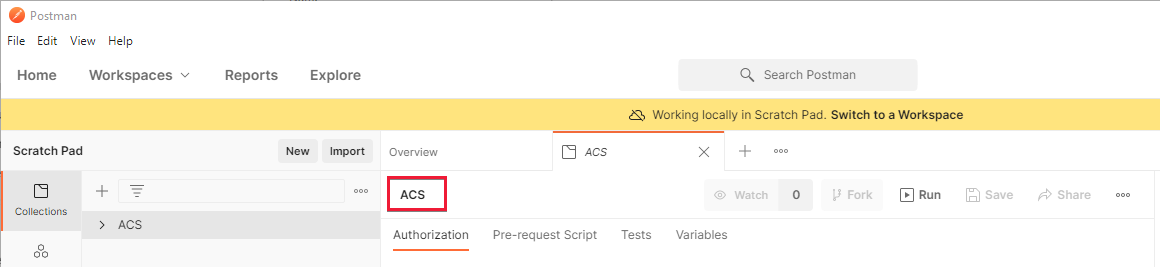 Screenshot che mostra Postman con una raccolta di Servizi di comunicazione aperta e il nome della raccolta evidenziata.