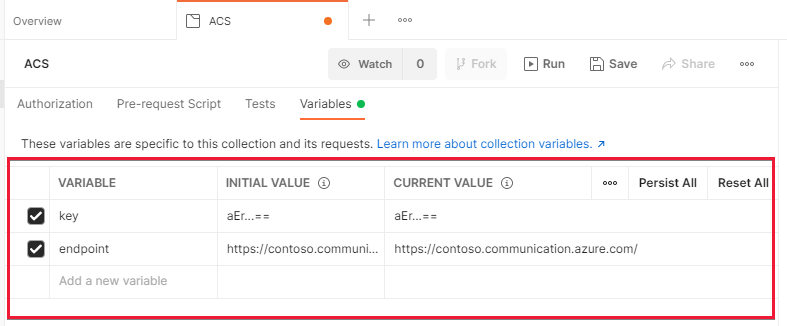 Screenshot che mostra Postman con le variabili di raccolta dei Servizi di Comunicazione configurate correttamente.