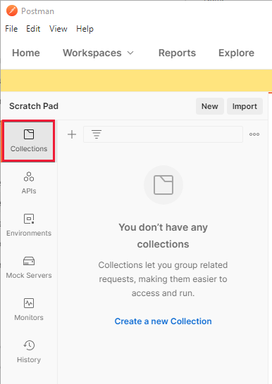 Screenshot che mostra la schermata principale di Postman con la scheda Raccolte evidenziata.